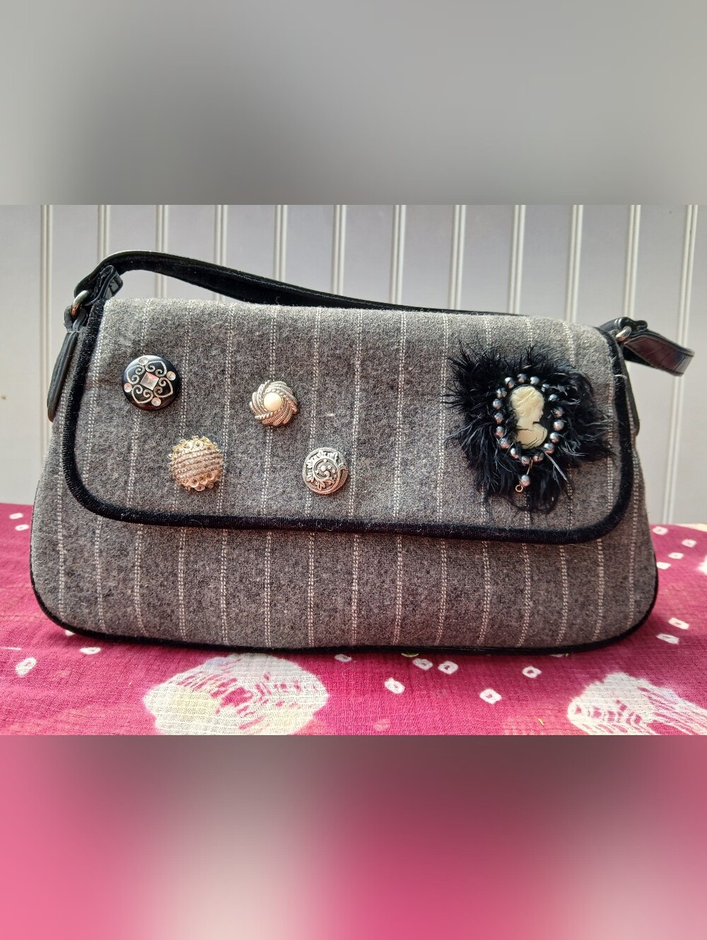 New Gray Pinstripe Embellished Shoulder Bag